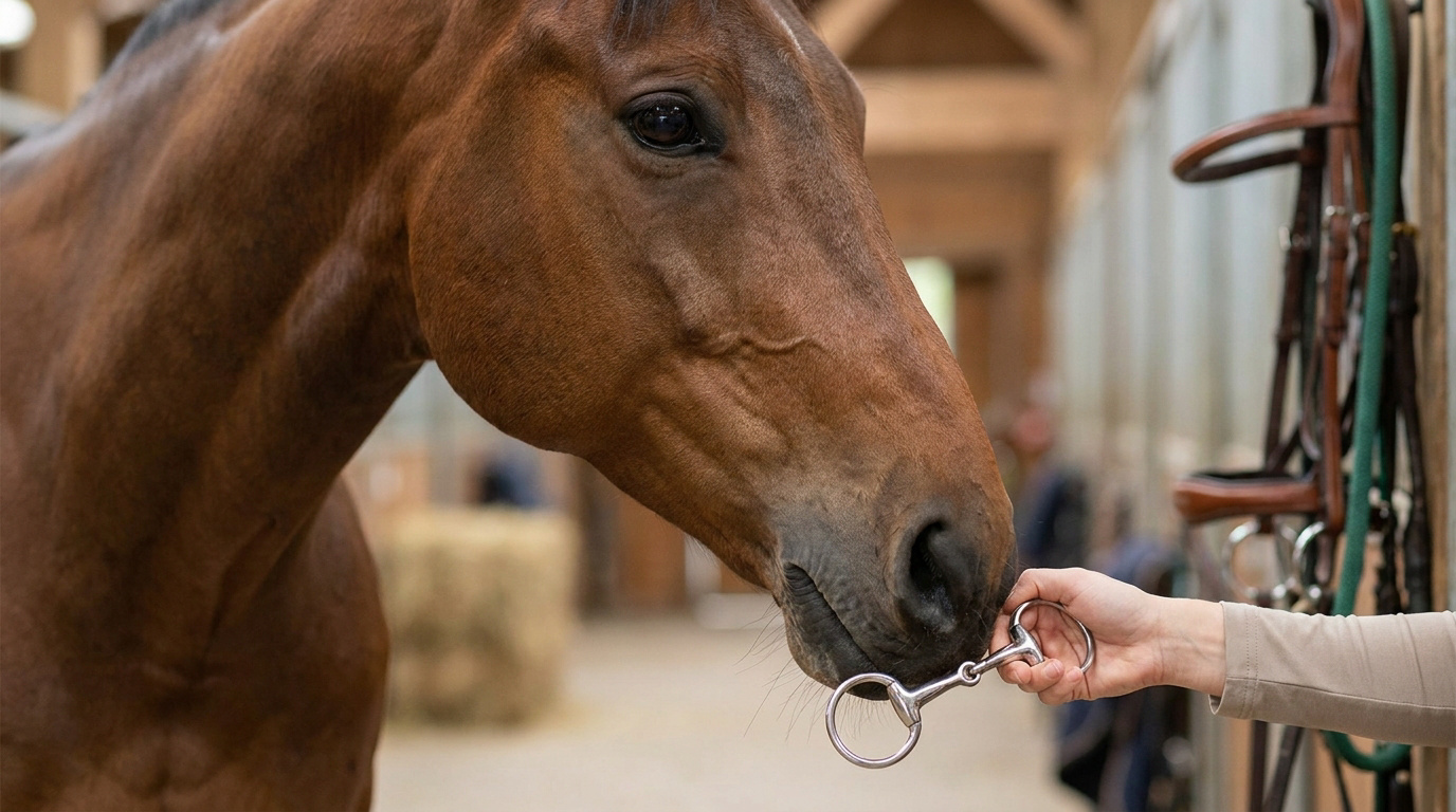 Une main présente un mors de filet à un cheval bai dans une écurie, illustrant le choix de l'équipement équestre.