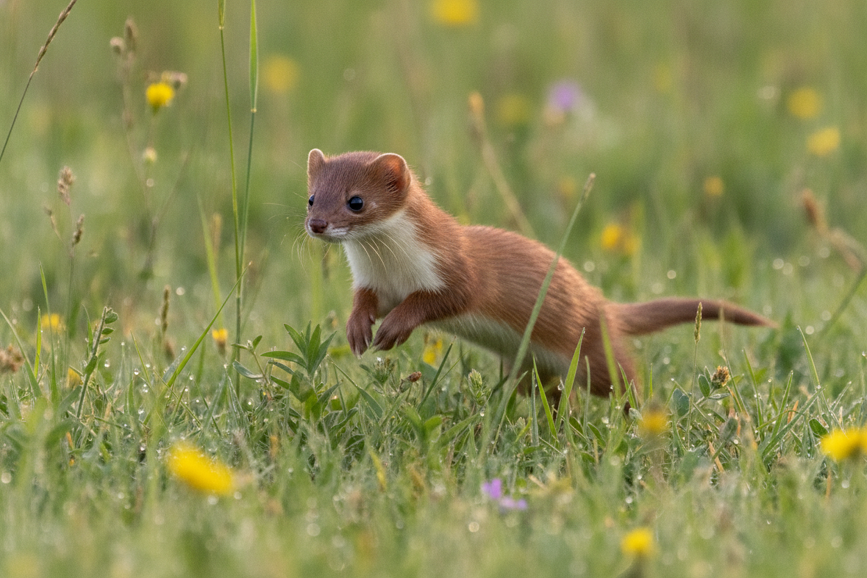 Belette alerte en mouvement dans son environnement naturel, herbes et végétation.