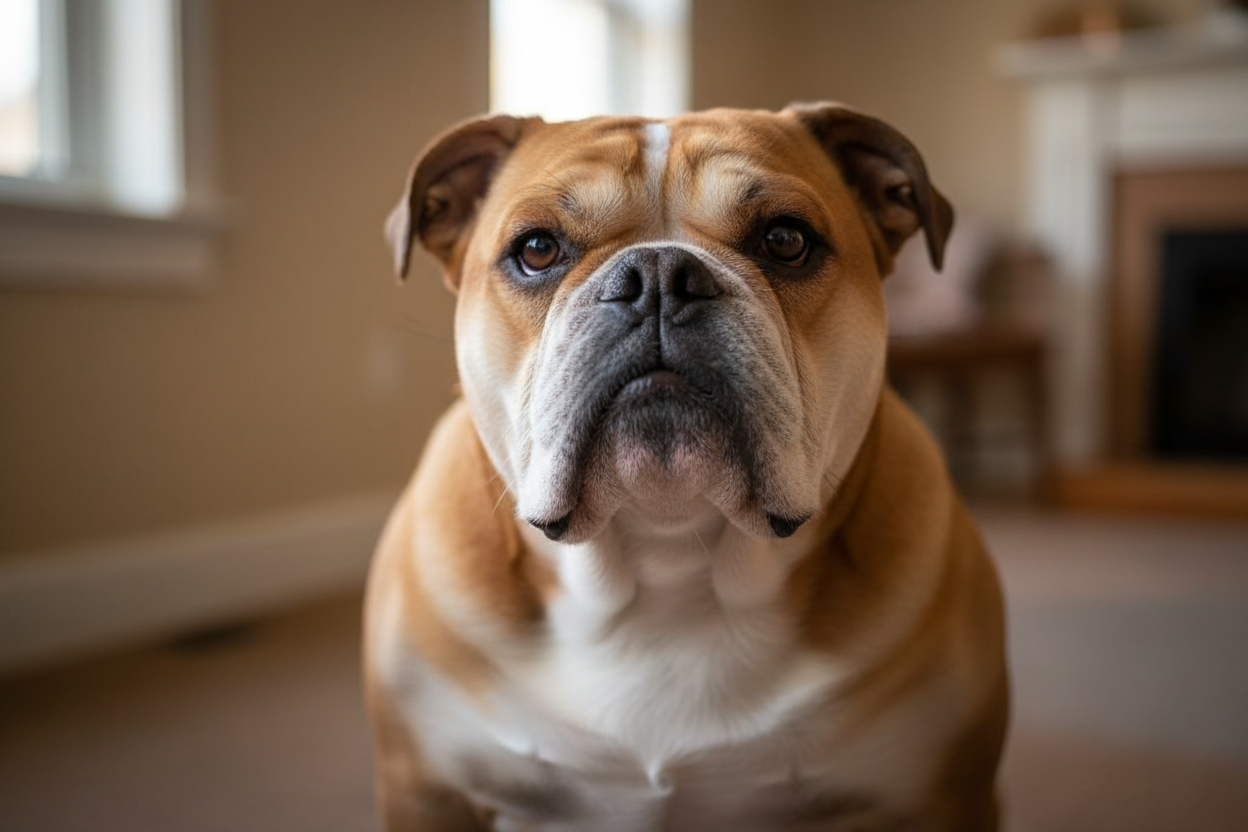 Bulldog anglais de face, mettant en évidence sa morphologie caractéristique et son regard expressif.