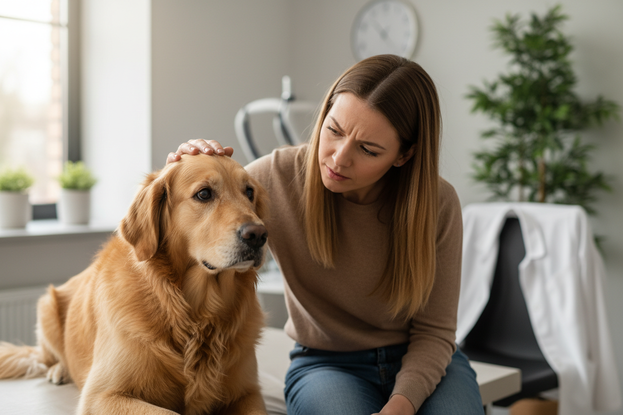 Propriétaire observant attentivement le comportement de son chien dans une ambiance bienveillante et attentive.
