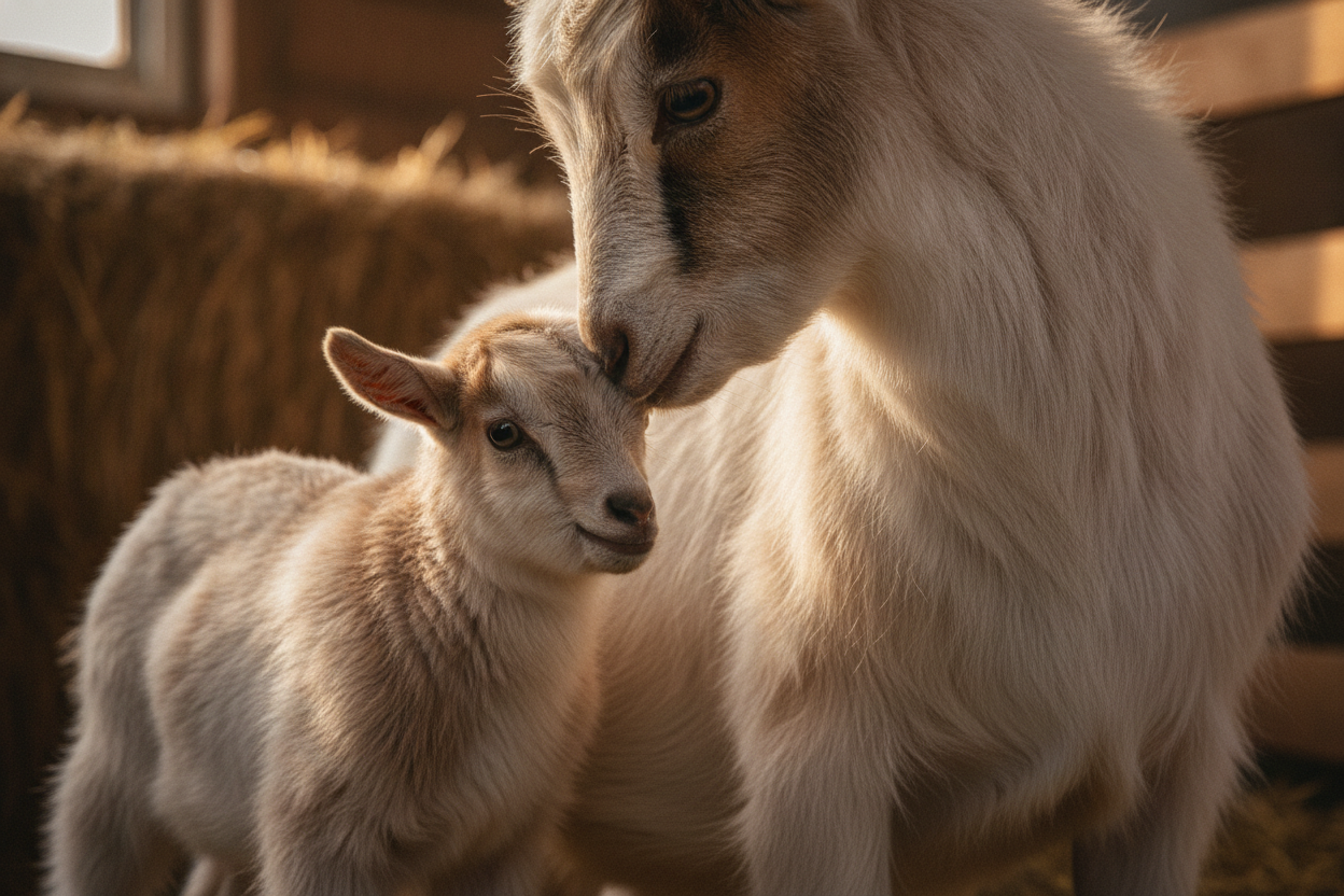 Chevreau nouveau-né blotti contre sa mère dans une ambiance chaleureuse et lumineuse.