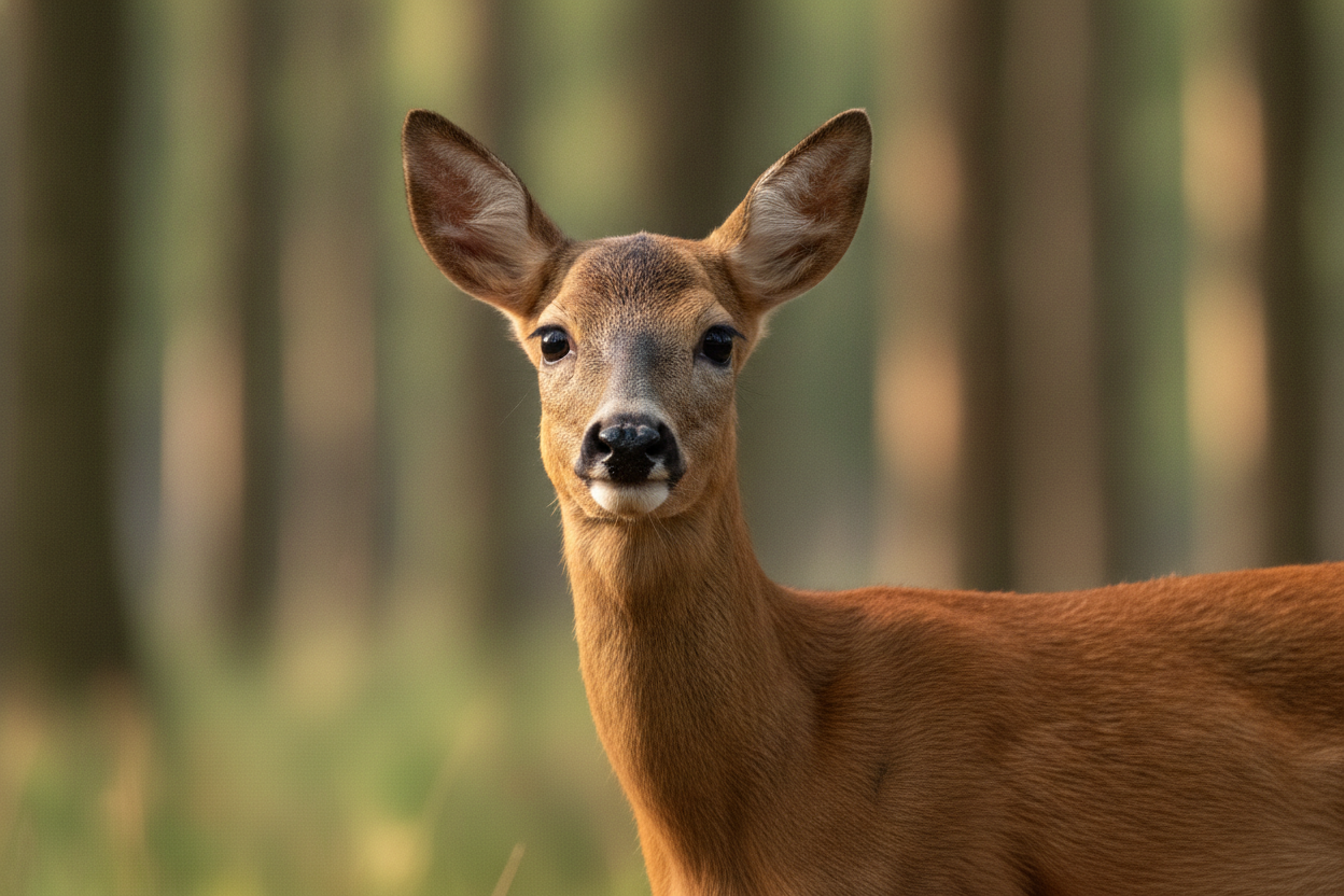 Portrait rapproché d'un chevreuil européen dans son habitat forestier naturel, au regard attentif.