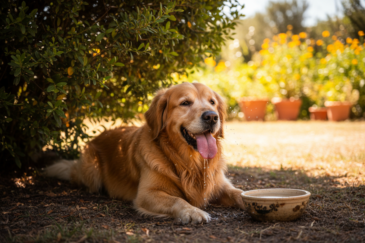 Chien haletant au repos à l'ombre par forte chaleur estivale avec bol d'eau.