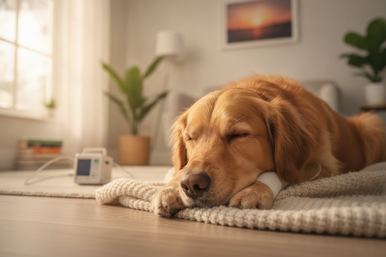 Chien paisible reposant sur une couverture douce dans une ambiance lumineuse et réconfortante.