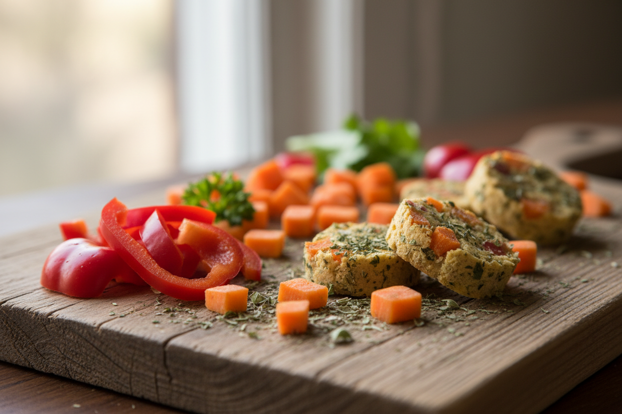 Friandises maison naturelles pour cochon d'Inde : poivron rouge, carottes et herbes séchées.