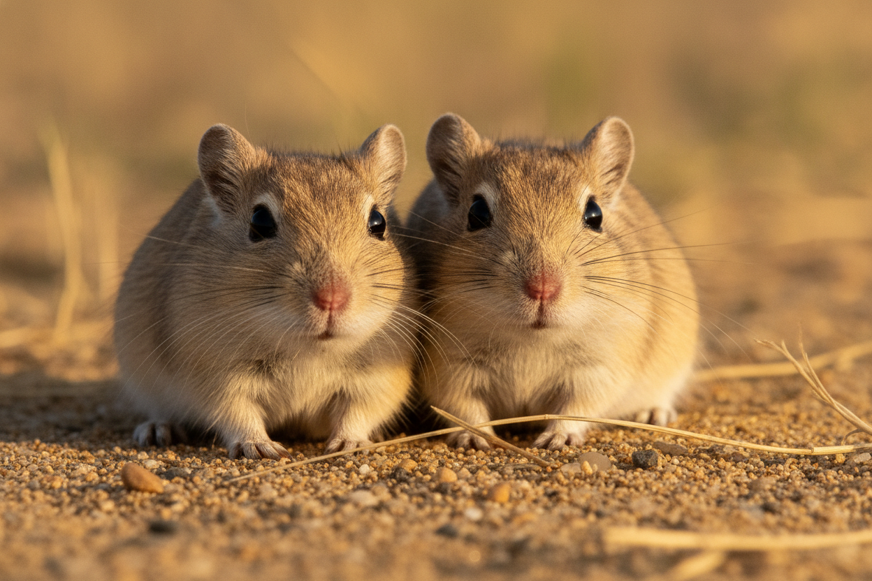Deux gerbilles de Mongolie assises ensemble sur du sable, regard curieux et attentif.