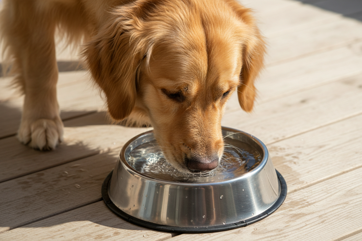 Un chien boit de l'eau fraîche dans une gamelle en acier inoxydable, illustrant l'hydratation quotidienne recommandée.