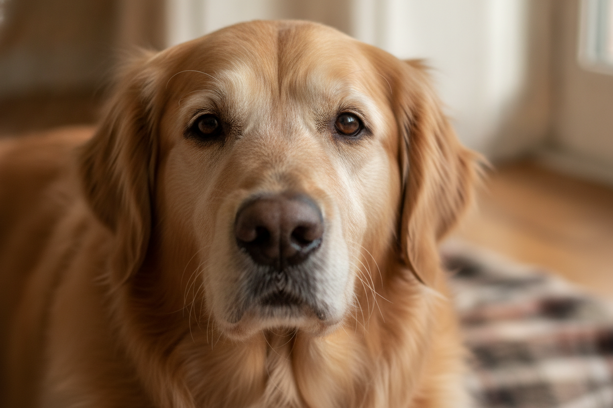 Portrait serein d'un chien âgé aux yeux fatigués baignés de lumière naturelle douce.