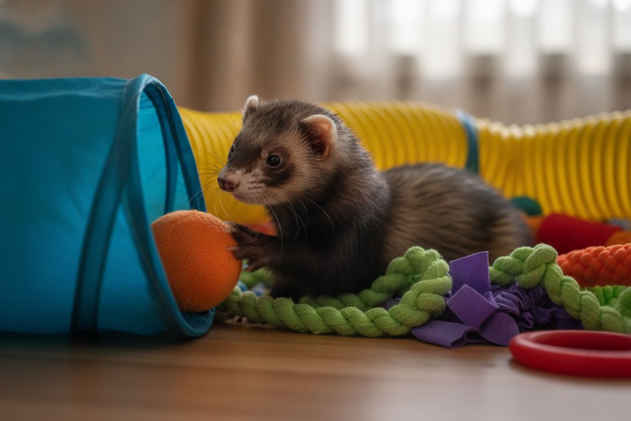 Furet curieux jouant avec des jouets de stimulation colorés et des tunnels adaptés.