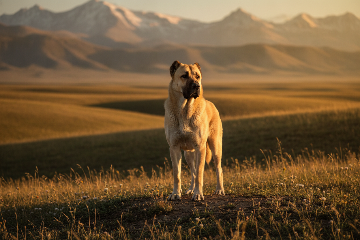 Portrait d'un Kangal imposant dans les steppes turques, regard vigilant et morphologie musclée.