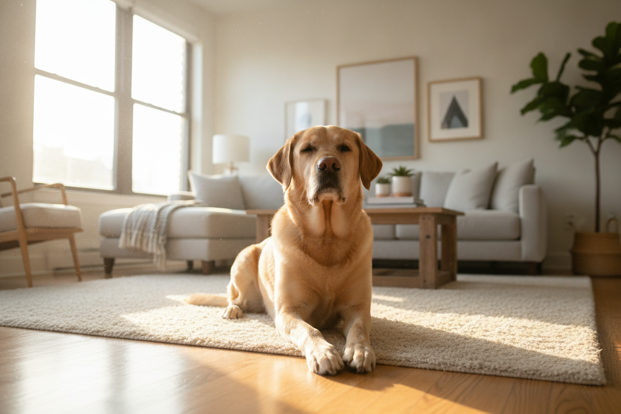 Un Labrador détente et heureux dans un appartement lumineux et confortable, illustrant son bien-être en milieu urbain.