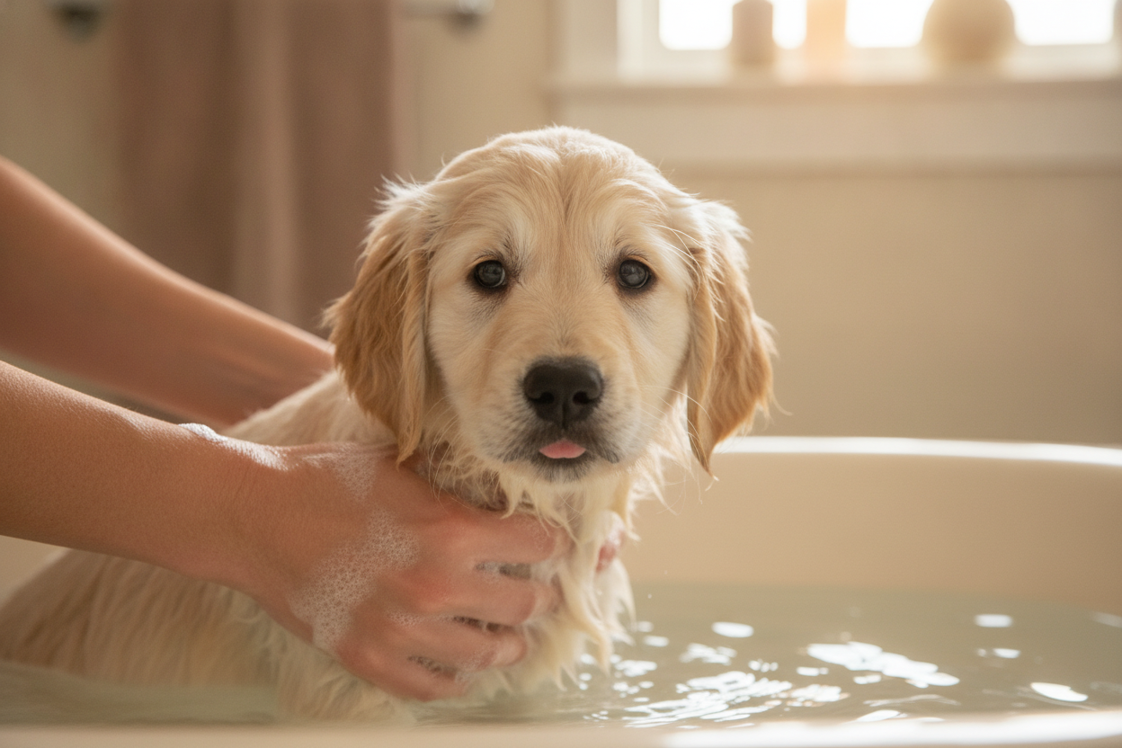 Premier bain du chiot : à quel âge et comment le laver sans le stresser ?