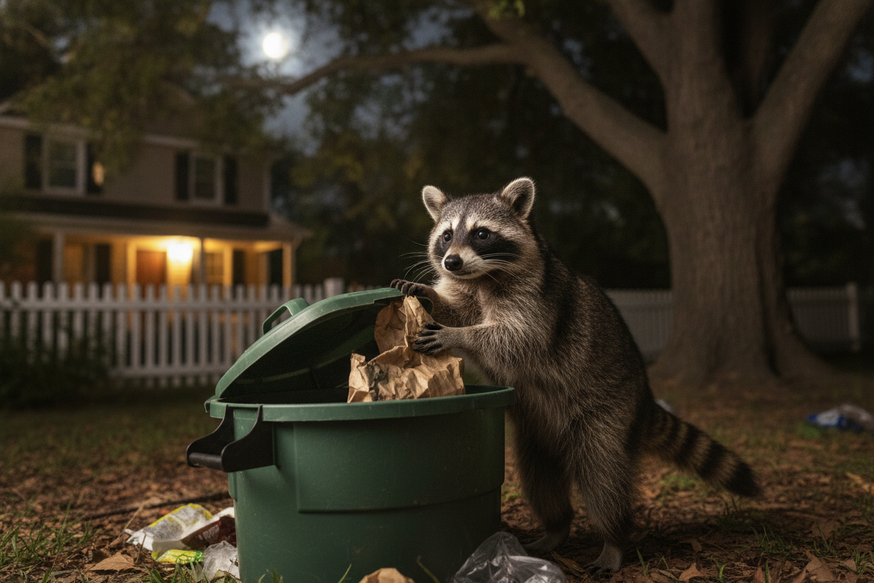 Raton laveur fouillant dans une poubelle la nuit près d'une maison résidentielle.
