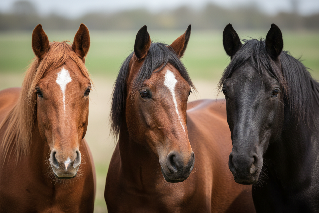 Trois chevaux de robes différentes : alezan, bai et noir, présentés en gros plan photographique.