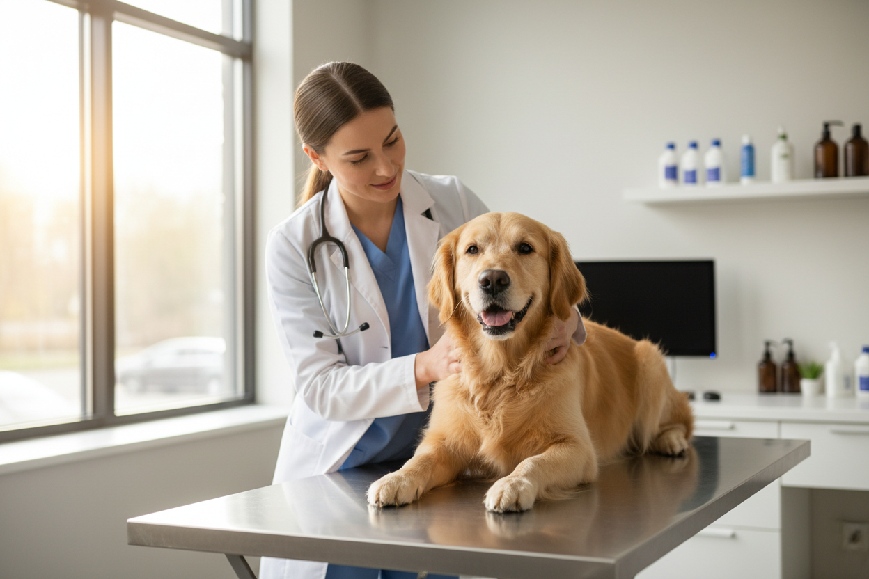 Vétérinaire examinant un chien avec bienveillance lors d'une consultation médicale en clinique.