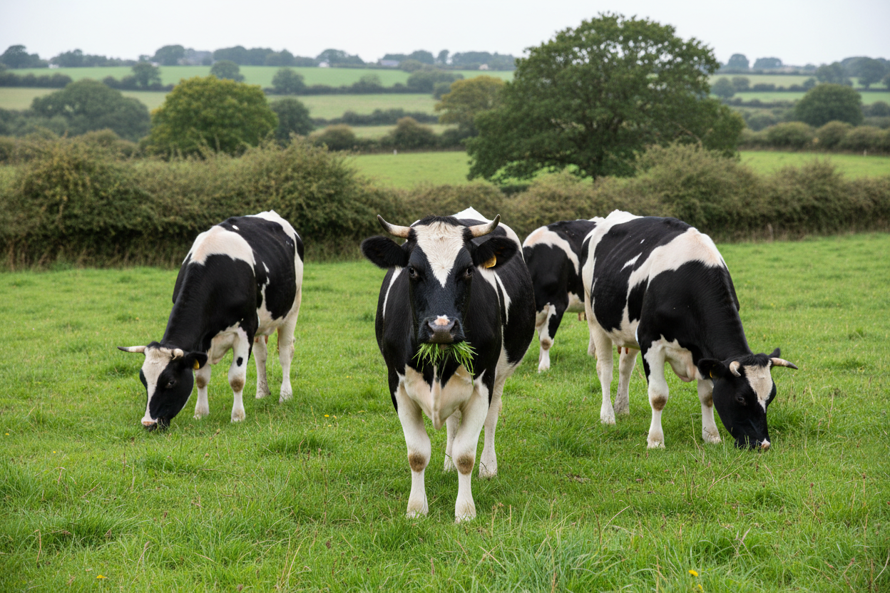 Un petit troupeau de vaches Bretonne Pie Noire, race menacée, paissant dans un bocage breton verdoyant.