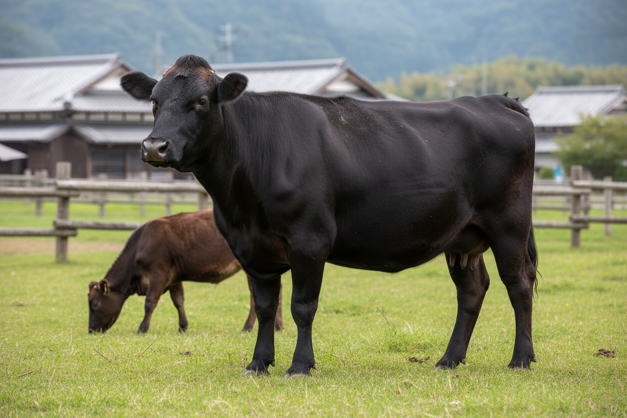 Une vache Wagyu japonaise et une petite Dexter irlandaise illustrant la diversité des races bovines mondiales méconnues.