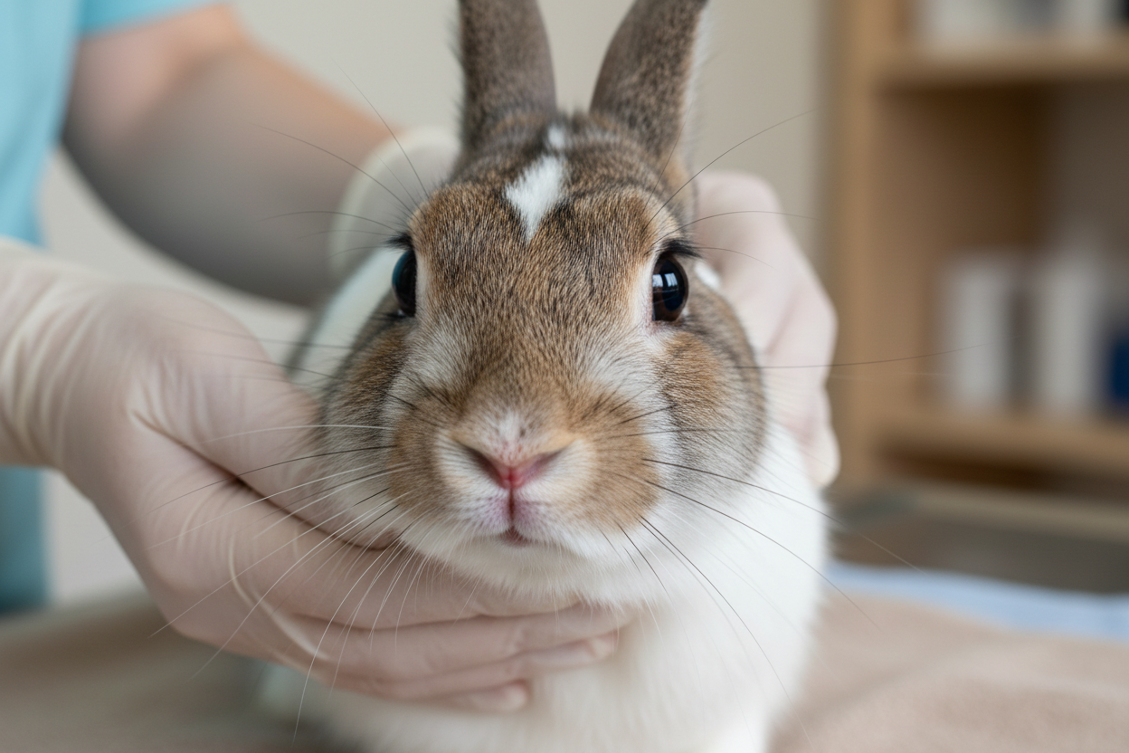 Examen attentif de la santé d'un lapin : yeux clairs, nez propre et pelage brillant.