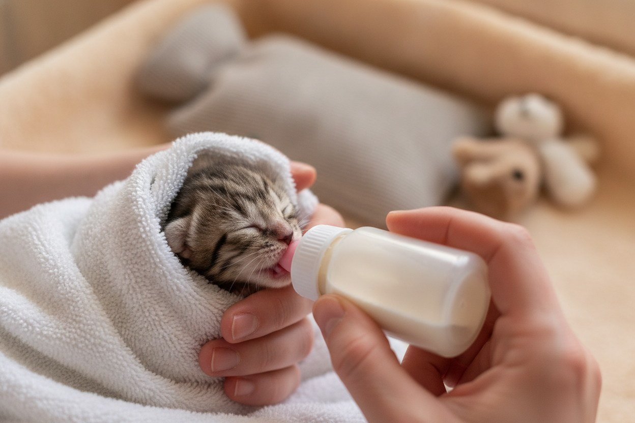 Chaton orphelin au biberon de lait maternisé, enveloppé dans une serviette blanche et au chaud.