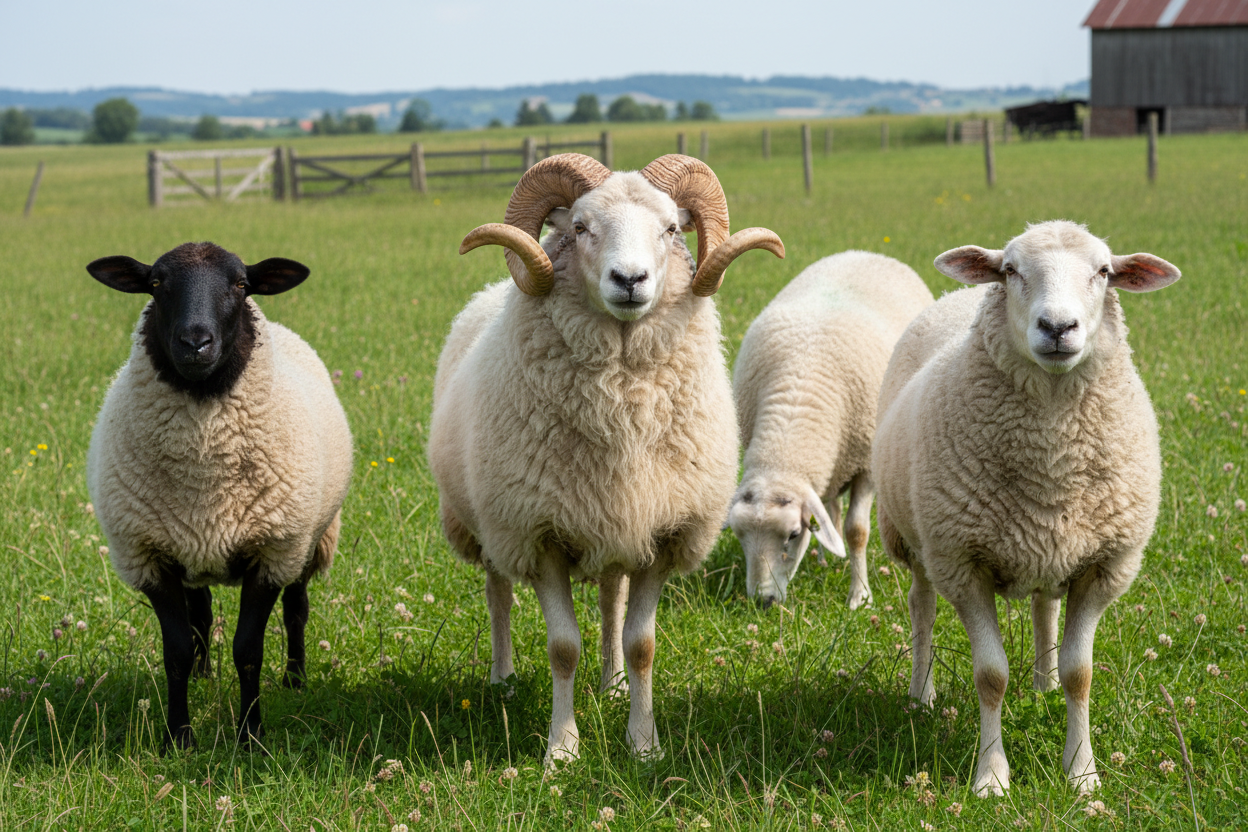 Quatre béliers de races différentes (Mérinos, Suffolk, Texel, Lacaune) dans un pâturage verdoyant.