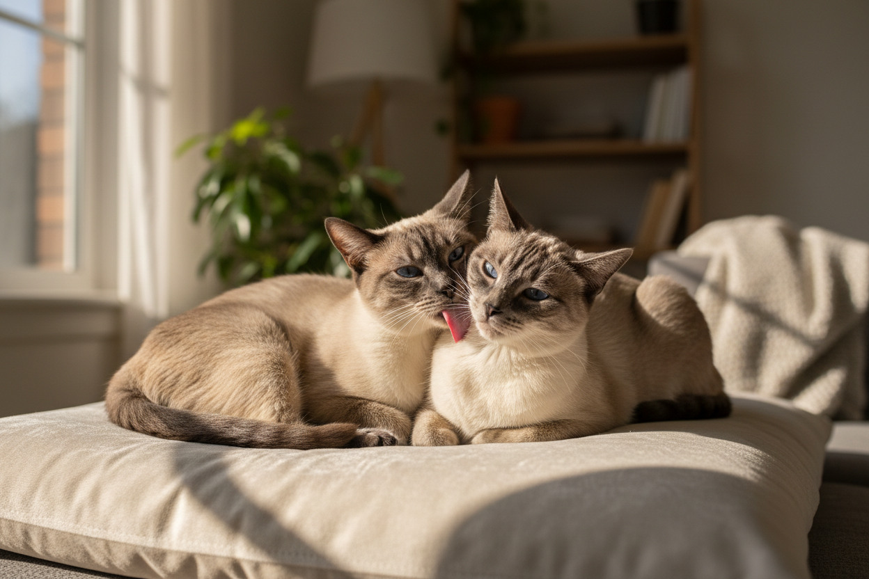 Deux chats siamois ensemble sur un coussin, se toilettant et se câlinant dans une ambiance chaleureuse.