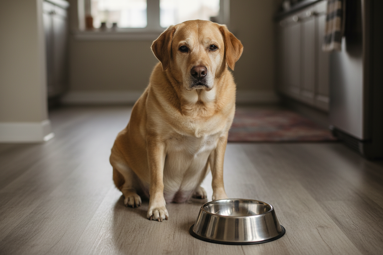 Chien assis près de sa gamelle sur le sol d'une cuisine, semblant inconfortable après avoir mangé trop vite.