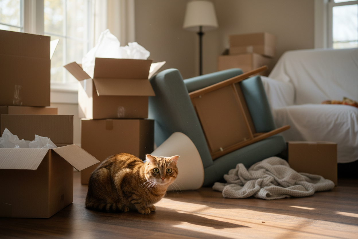 Chat anxieux tapi dans un coin entouré de cartons lors d'un déménagement perturbant ses repères.