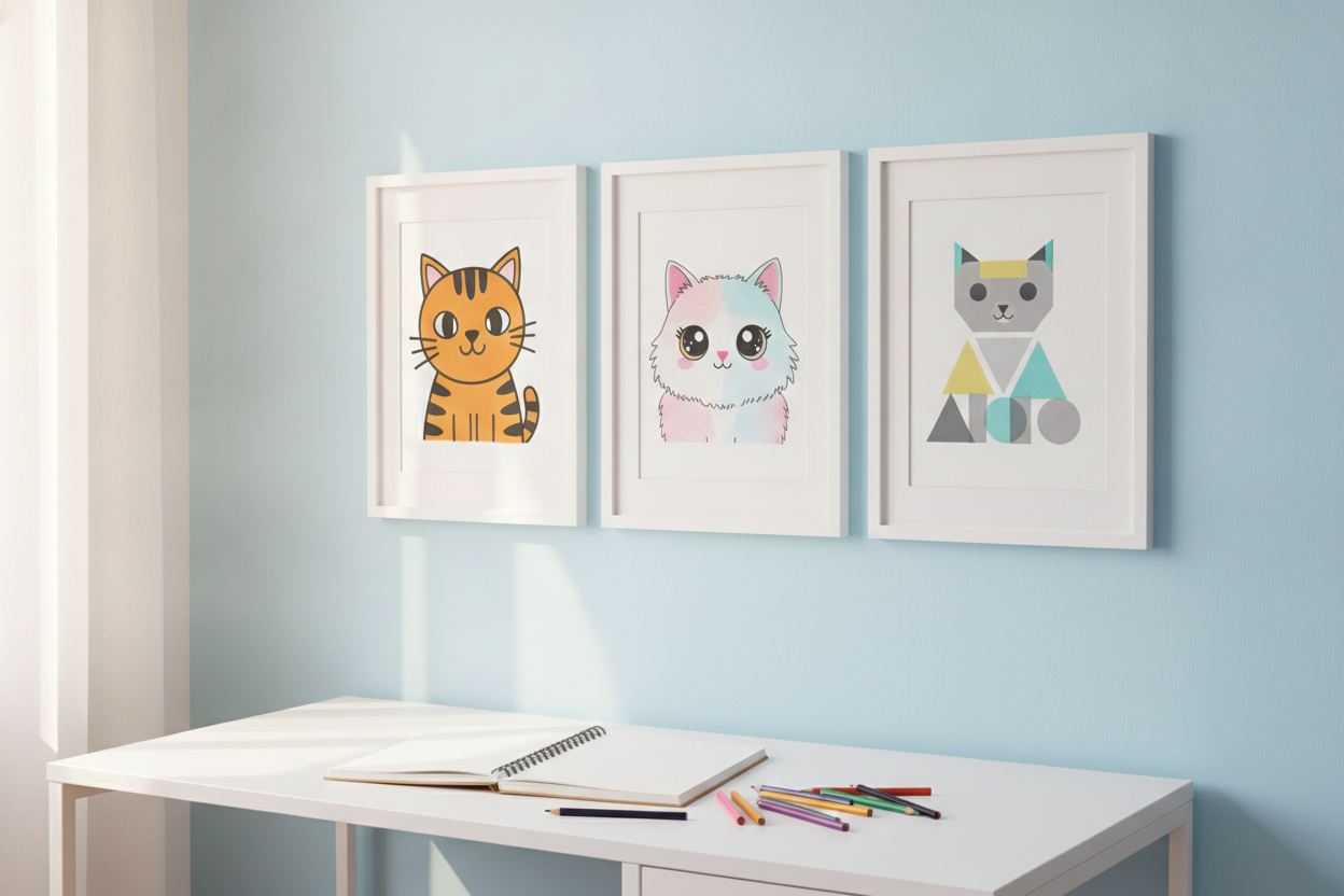Trois dessins de chats colorés encadrés en blanc sur le mur d'une chambre d'enfant.