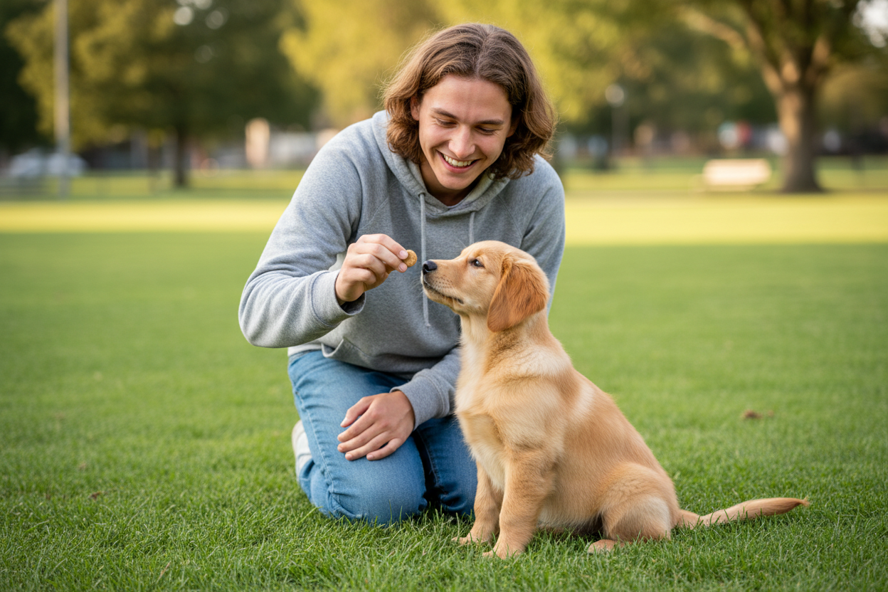 Un chiot assis attentivement devant son maître qui lui tend une friandise pour apprendre un ordre.