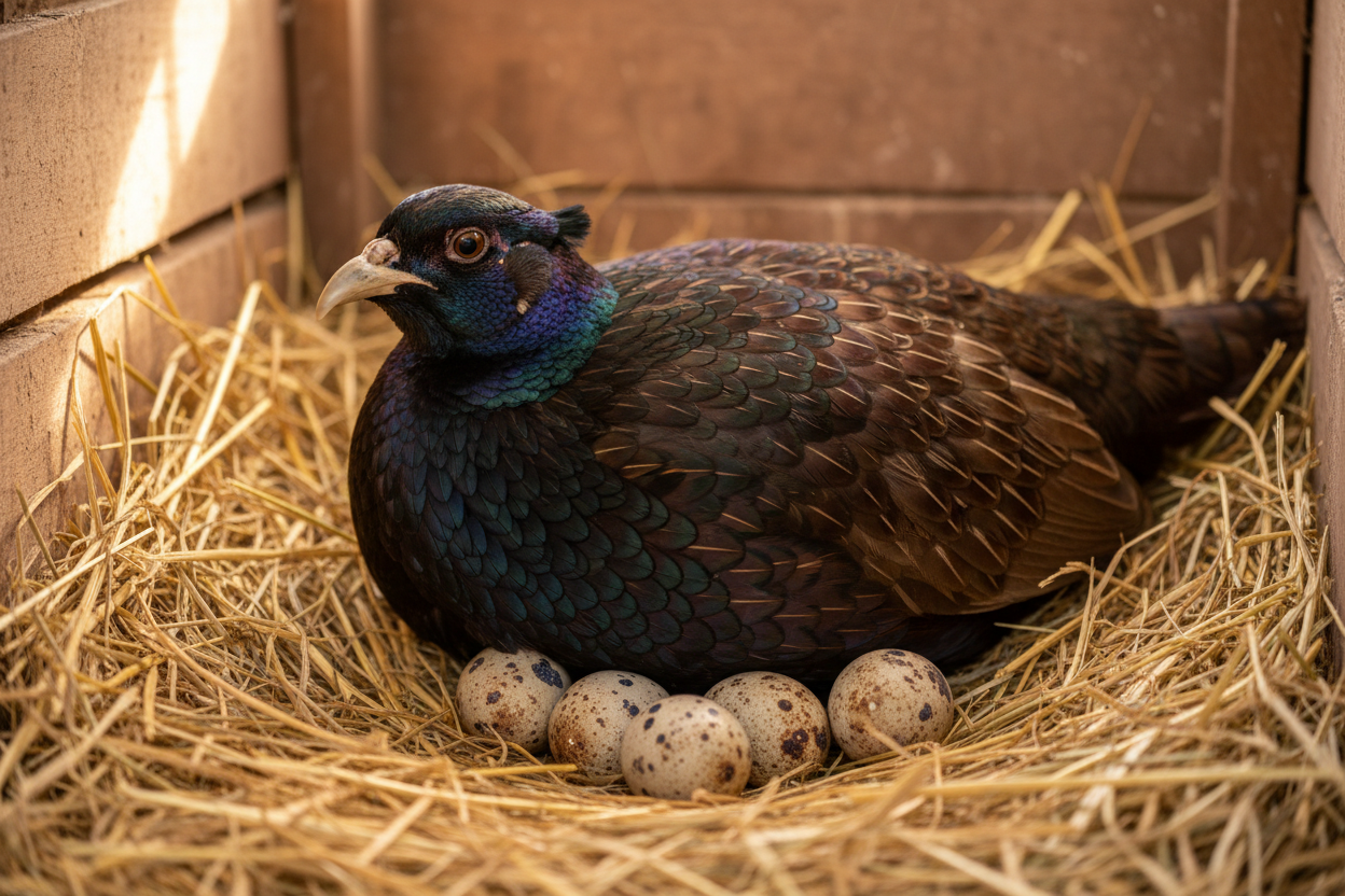 Poule faisan obscur en couvaison sur ses œufs dans un nid de paille bien éclairé.