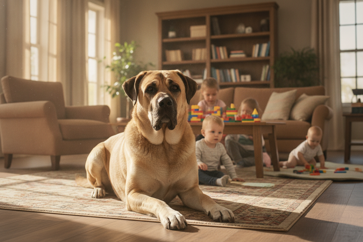 Kangal assis calmement au milieu d'une famille avec enfants, illustrant son tempérament protecteur.
