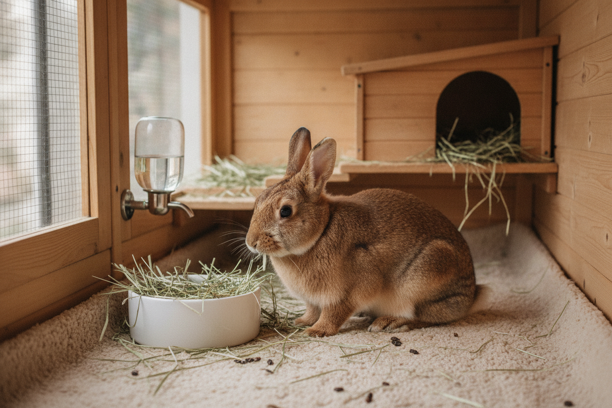 Lapin Fauve de Bourgogne mangeant du foin dans un enclos spacieux bien aménagé avec litière et accessoires.