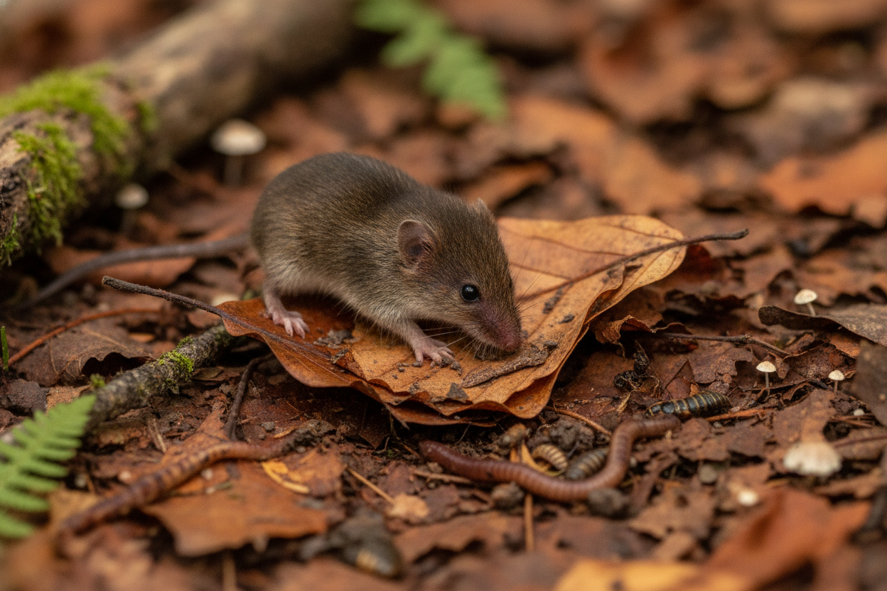 Musaraigne fouillant la litière de feuilles mortes à la recherche de vers et d'insectes