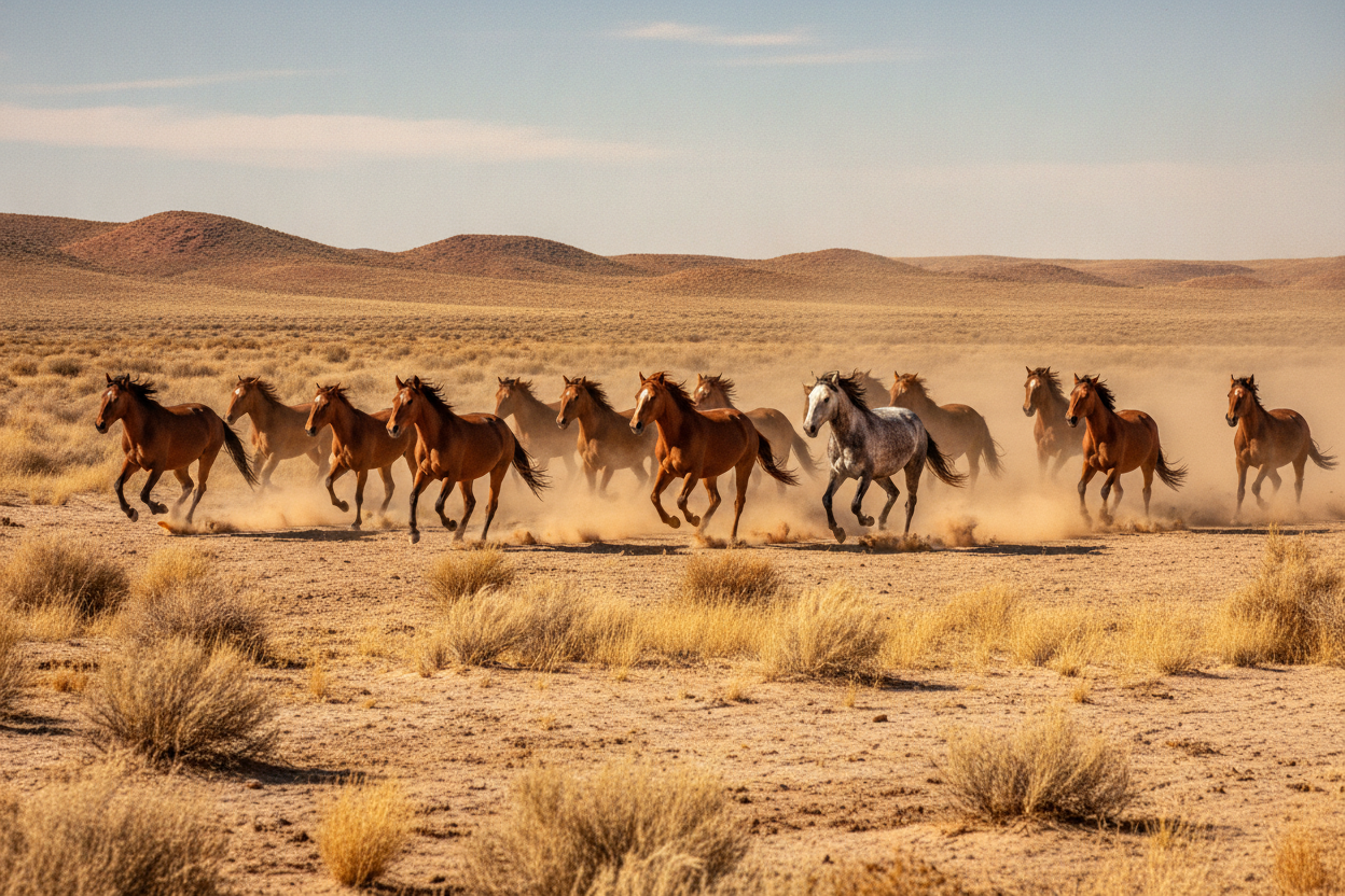 Troupeau de mustangs sauvages galopant ensemble dans un paysage désertique aride et rocheux.