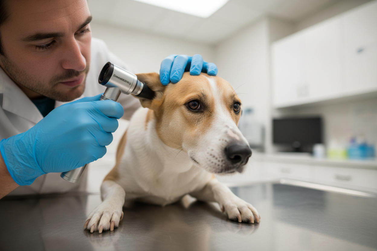 Vétérinaire examinant l'oreille d'un chien avec un otoscope lors d'une consultation clinique.