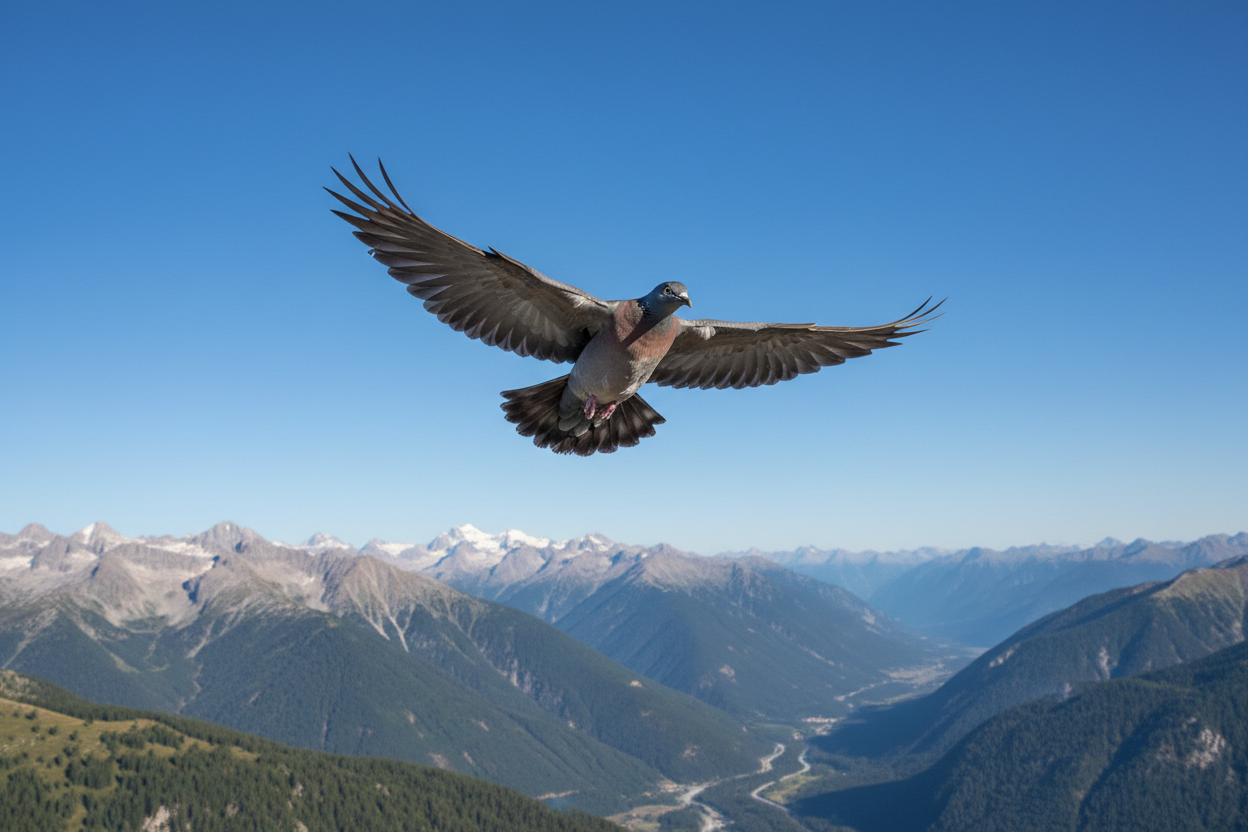 Pigeon ramier en vol au-dessus d'un paysage montagneux pendant sa migration saisonnière.