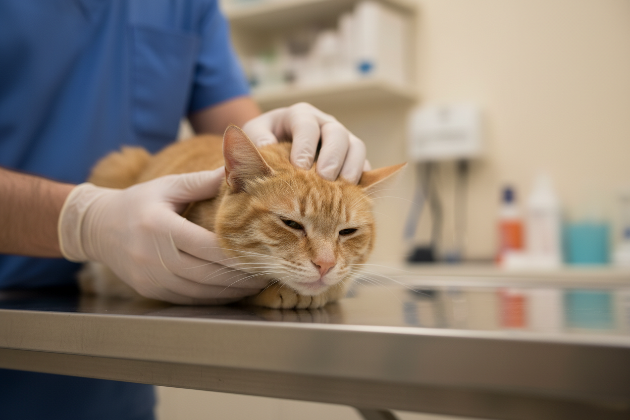 Un chat senior examiné par un vétérinaire, illustrant les causes médicales possibles des miaulements nocturnes.
