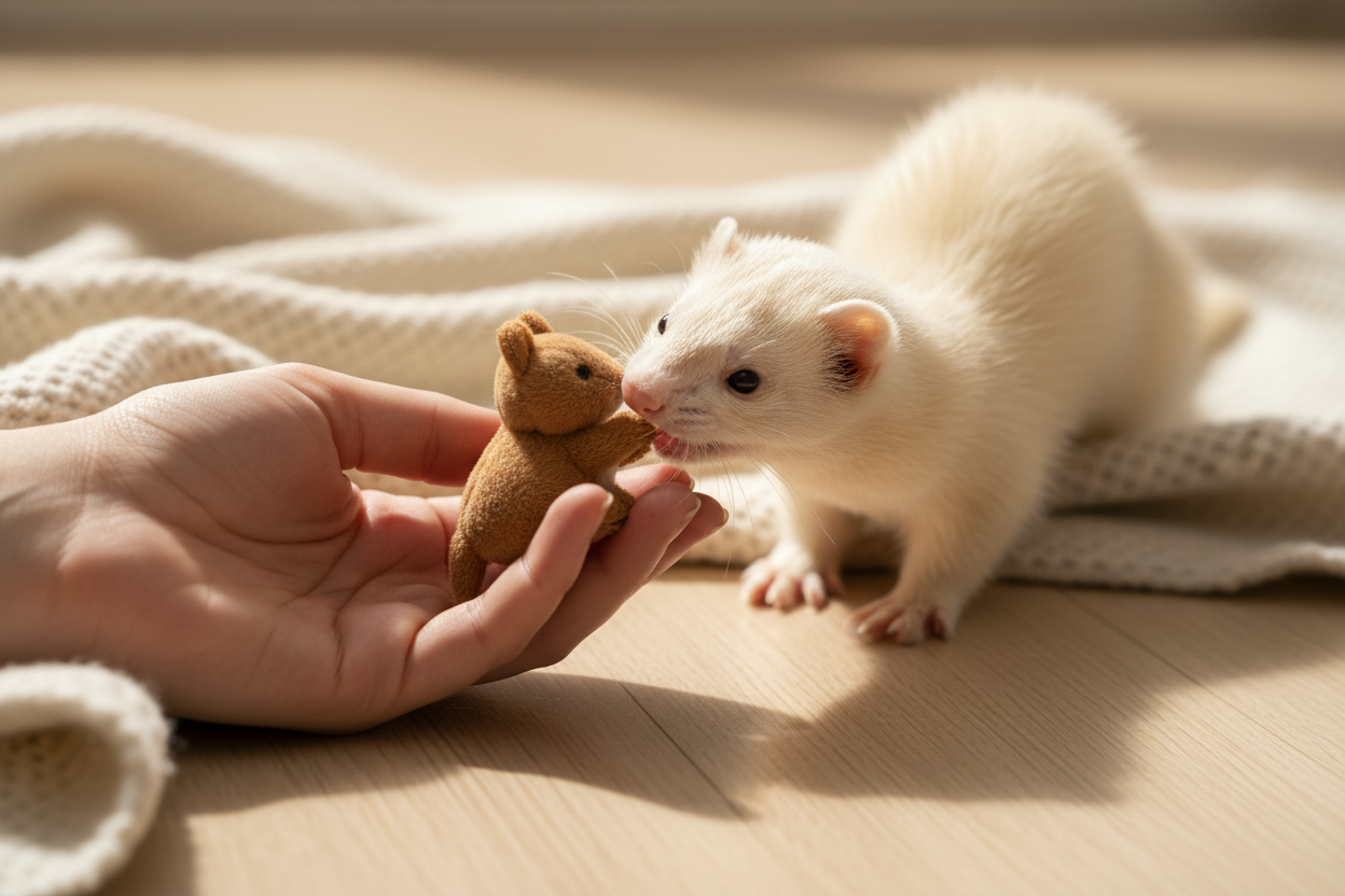 Une main humaine offrant calmement un jouet en peluche à un furet pour rediriger sa morsure.