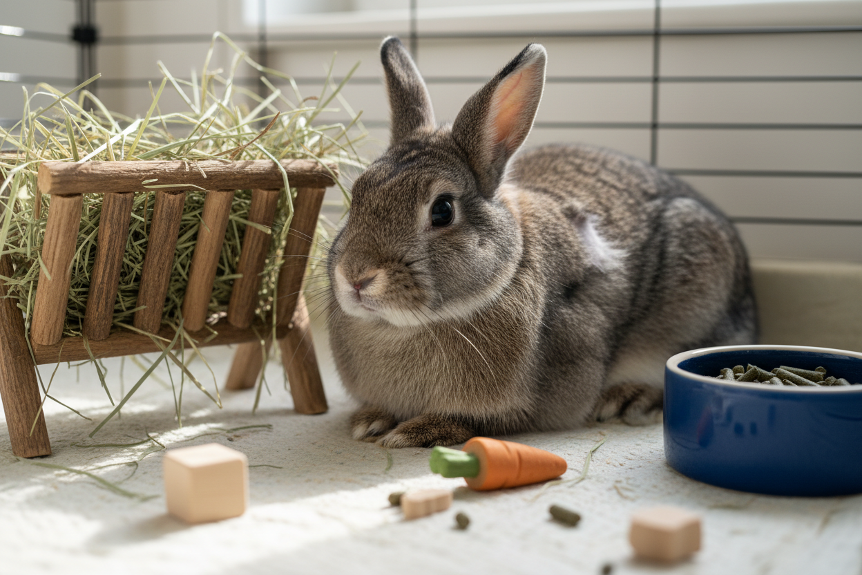 Lapin domestique assis près d'un râtelier de foin frais et d'un bol de granulés dans un habitat enrichi.
