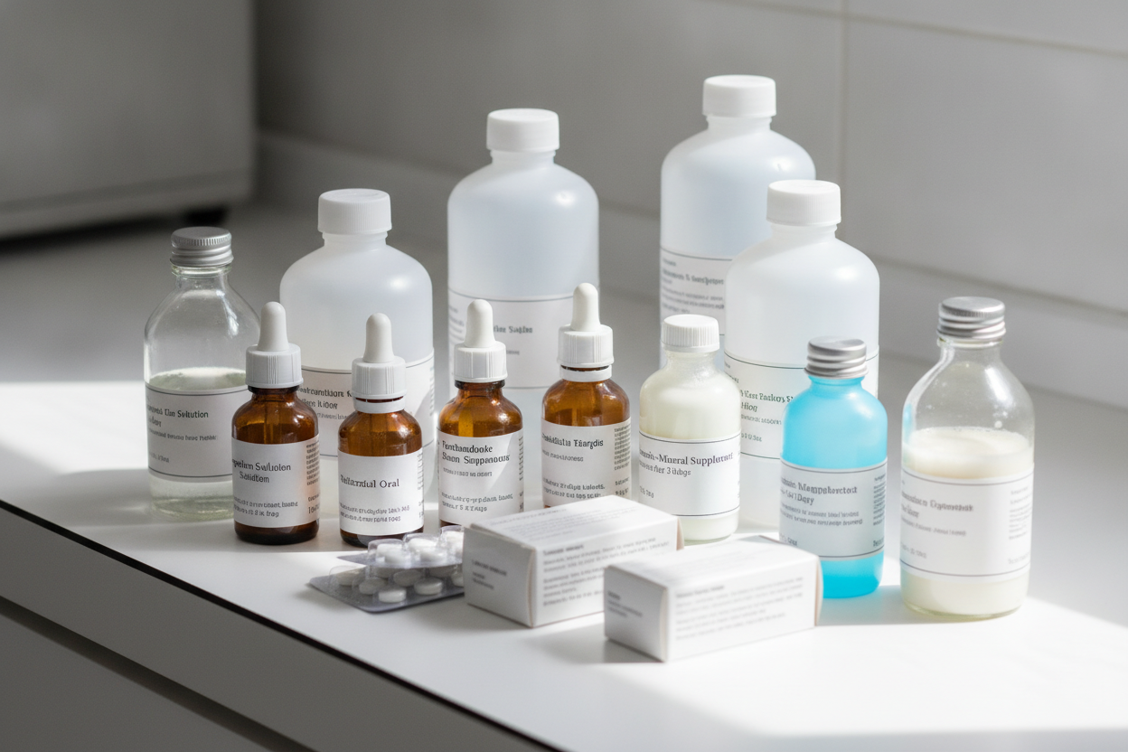 Bouteilles de vermifuges vétérinaires pour volailles disposées professionnellement avec étiquetages visibles.