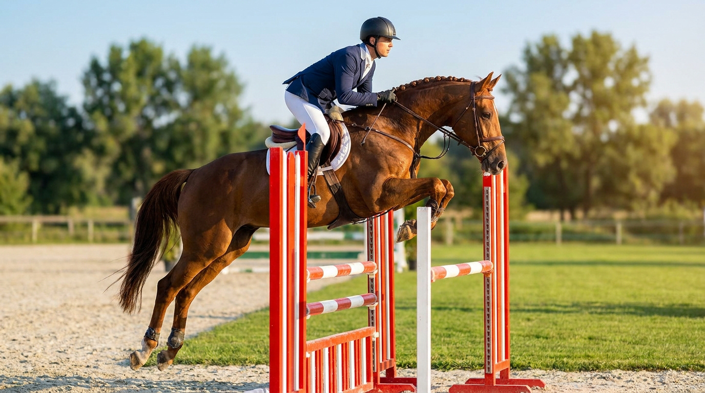 Un cavalier en tenue de compétition saute un obstacle avec son cheval bai dans une carrière en extérieur.